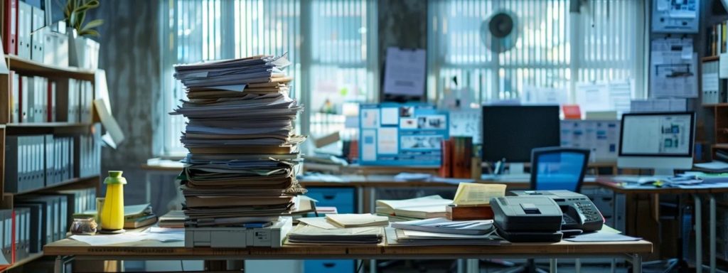 An office setting featuring a table cluttered with papers from a traditional fax machine, illustrating the cost-effectiveness and reduced paper usage of online fax services.