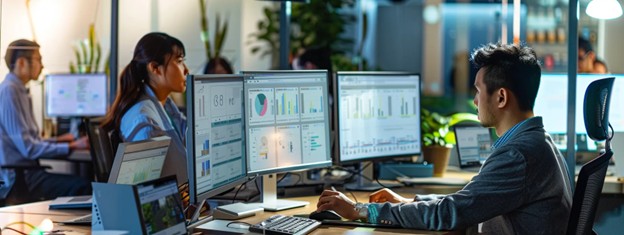 Office staff gathering data using knowledge management software